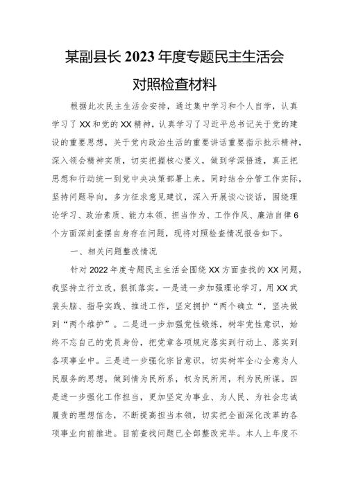 某副县长2023专题民主生活会对照检查材料.docx