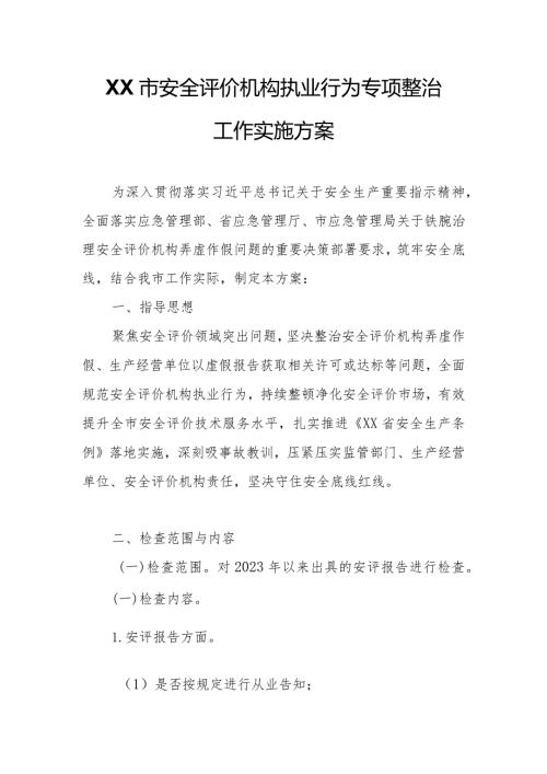 XX市安全评价机构执业行为专项整治工作实施方案方案.docx