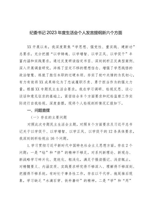 2篇纪委书记20232024专题生活会班子成员个人对照检查发言提纲（践行宗旨等6个方面+政绩观）.docx
