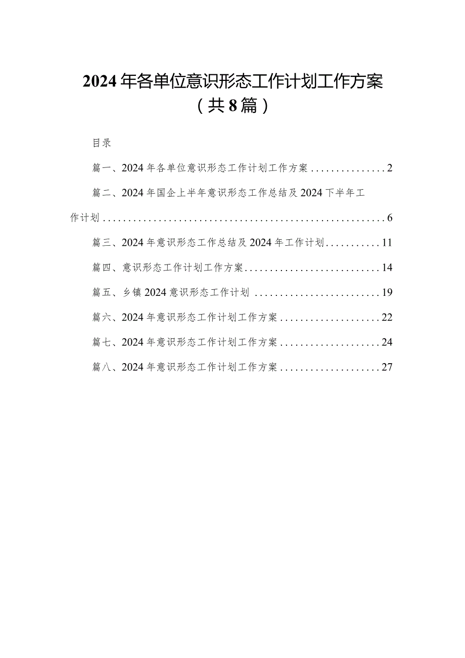 2024年各单位意识形态工作计划工作方案（共8篇）.docx_第1页