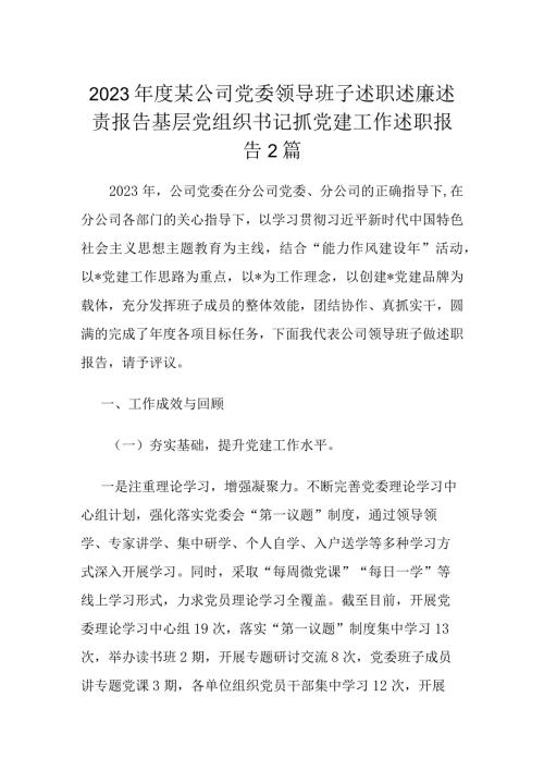 2023某公司党委领导班子述职述廉述责报告基层党组织书记抓党建工作述职报告2篇.docx