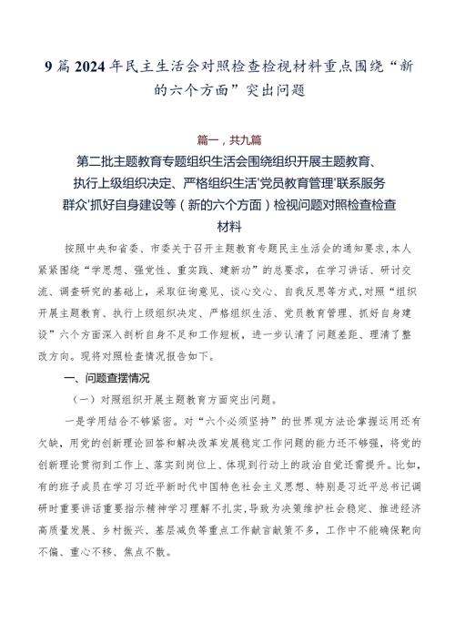 9篇2024年民主生活会对照检查检视材料重点围绕“新的六个方面”突出问题.docx