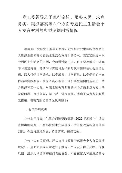 党工委领导班子践行宗旨、服务人民、求真务实、狠抓落实等六个方面专题民主生活会个人发言材料与典型案例剖析情况.docx