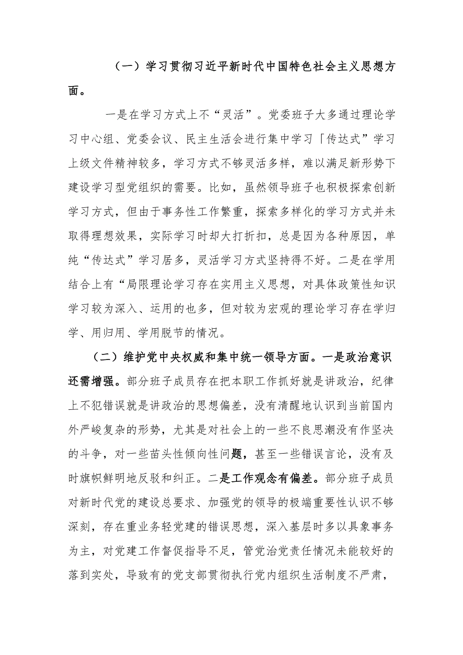 乡镇党委领导班子2024(维护党中央权威和集中统一领导、践行宗旨、服务人民方面、求真务实、狠抓落实方面、以身作则、廉洁自律方面、.docx_第2页