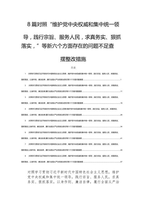 8篇对照“维护党中央权威和集中统一领导践行宗旨、服务人民求真务实、狠抓落实”等新六个方面存在的问题不足查摆整改措施.docx