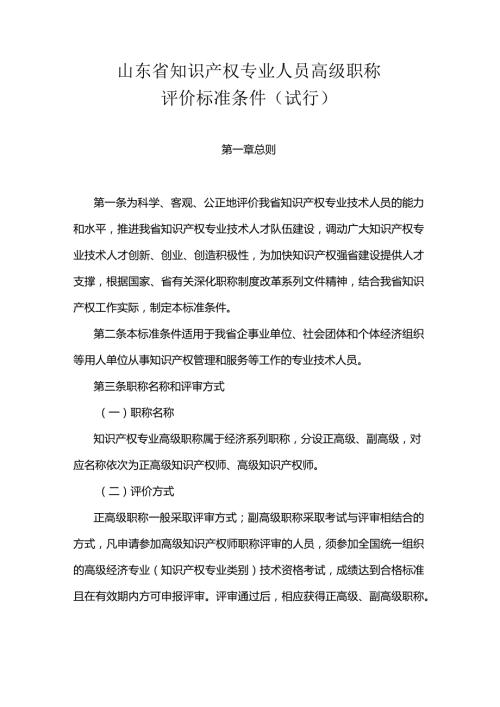 《山东省知识产权专业人员高级职称评价标准条件（试行）》全文及解读.docx