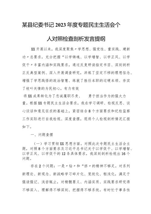 某县纪委书记2023专题民主生活会个人对照检查剖析发言提纲.docx