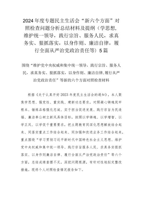 2024专题民主生活会“新六个方面”对照检查问题分析总结材料及提纲 (学思想维护统一领导践行宗旨、服务人民求真务实、狠抓落实以身作.docx