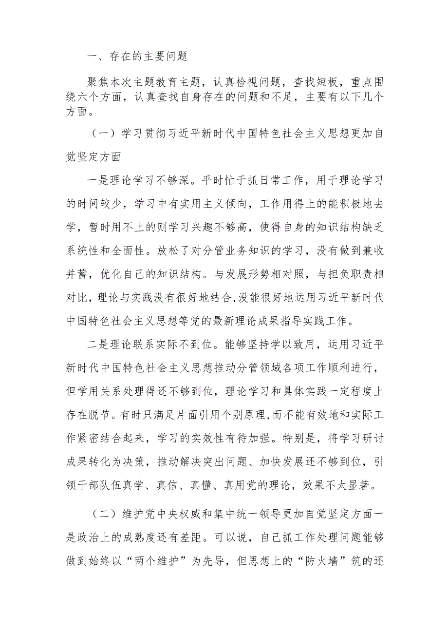 2024专题民主生活会“新六个方面”对照检查问题分析总结材料及提纲 (学思想维护统一领导践行宗旨、服务人民求真务实、狠抓落实以身作.docx_第2页