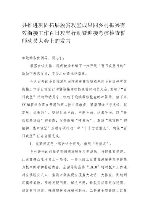 县推进巩固拓展脱贫攻坚成果同乡村振兴有效衔接工作百日攻坚行动暨迎接考核检查誓师动员大会上的发言(1).docx
