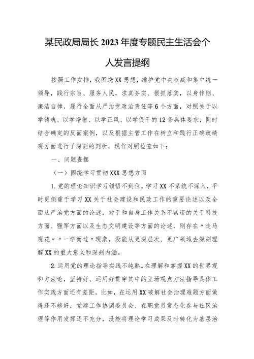 某民政局局长2023专题民主生活会个人发言提纲.docx