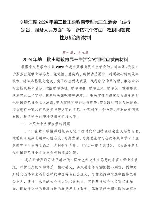 9篇汇编2024年第二批专题教育专题民主生活会“践行宗旨、服务人民方面”等“新的六个方面”检视问题党性分析剖析材料.docx