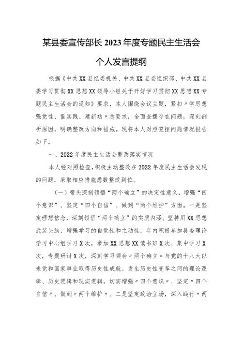 某县委宣传部长2023专题民主生活会个人发言提纲.docx