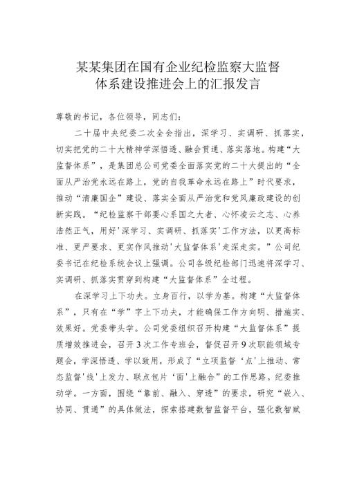某某集团在国有企业纪检监察大监督体系建设推进会上的汇报发言.docx