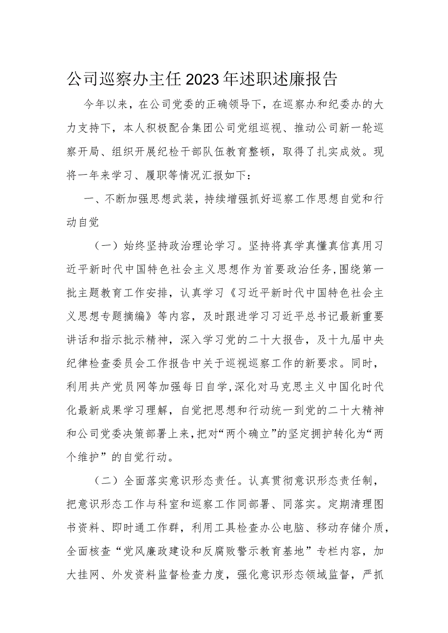 公司巡察办主任2023年述职述廉报告(1).docx_第1页