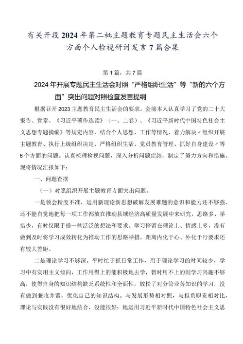 有关开展2024年第二批集中教育专题民主生活会六个方面个人检视研讨发言7篇合集.docx