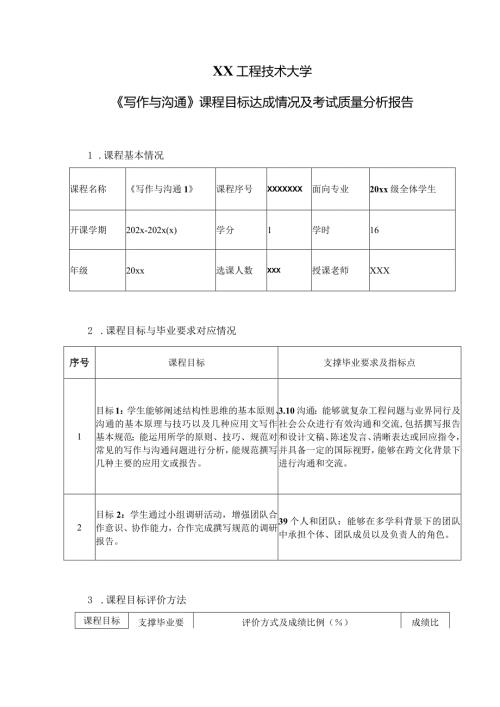 XX工程技术大学《写作与沟通》课程目标达成情况及考试质量分析报告（2024年）.docx