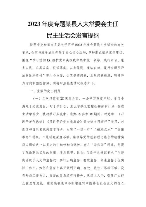 2023专题某县人大常委会主任民主生活会发言提纲.docx