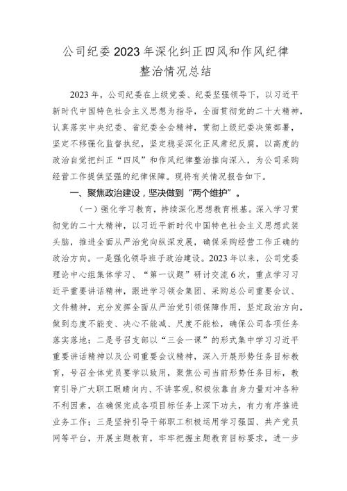 公司纪委20232024年深化纠正四风和作风纪律整治情况总结.docx