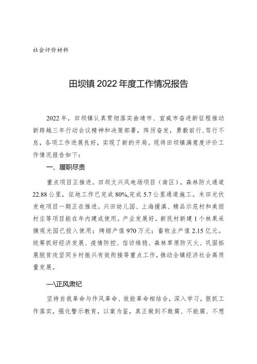 社会评价材料田坝镇2022工作情况报告.docx