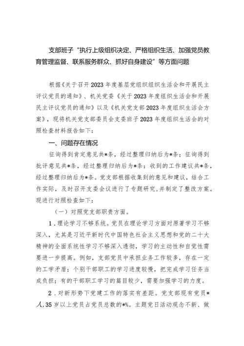 支部班子“执行上级组织决定、严格组织生活、加强党员教育管理监督、联系服务群众、抓好自身建设”等方面问题六篇(最新精选).docx