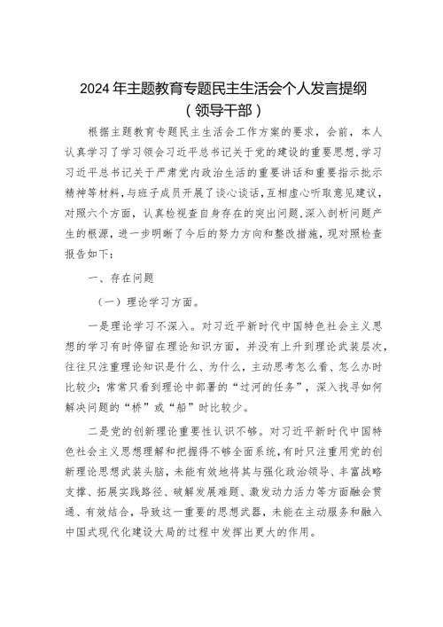 2024年主题教育专题民主生活会党员领导干部对照检查材料及发言提纲（精选两篇合辑）(1).docx