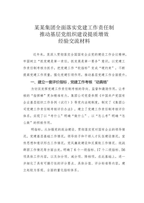 某某集团全面落实党建工作责任制推动基层党组织建设提质增效经验交流材料(1).docx