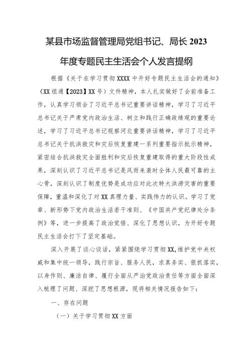 某县市场监督管理局党组书记、局长2023专题民主生活会个人发言提纲.docx