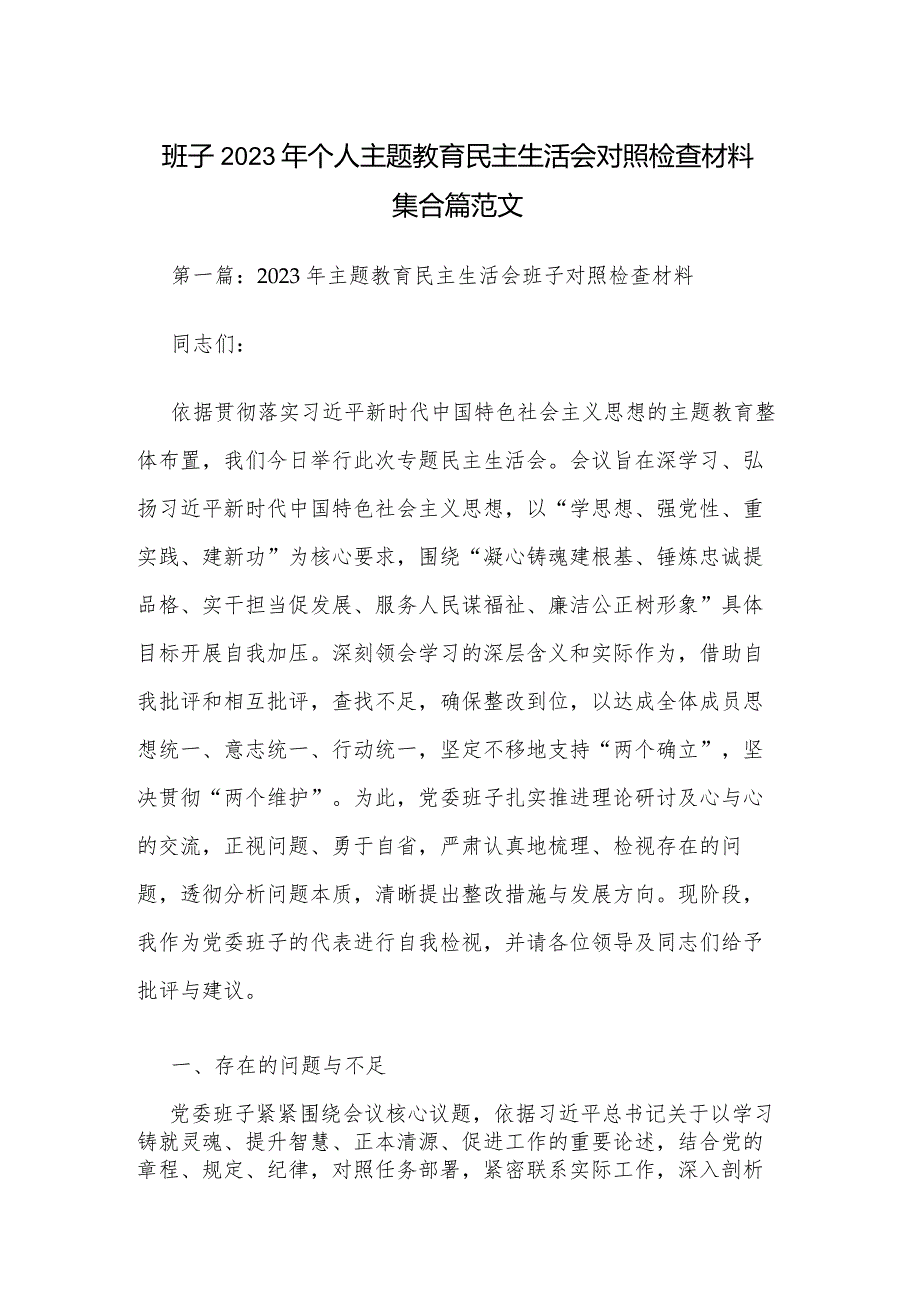 班子2023年个人主题教育民主生活会对照检查材料集合篇范文.docx_第1页