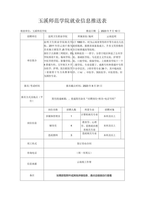 玉溪师范学院就业信息推送表.docx