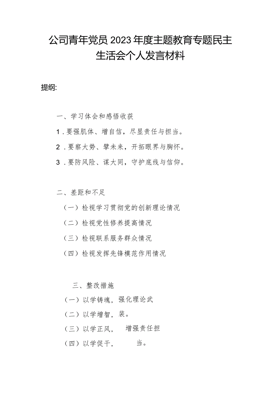 公司青年党员干部检视学习贯彻党的创新理论、党性修养提高、联系服务群众、发挥先锋模范作用四个方面专题民主生活会个人发言提纲.docx_第1页