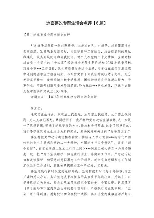 巡察整改专题生活会点评【6篇】.docx