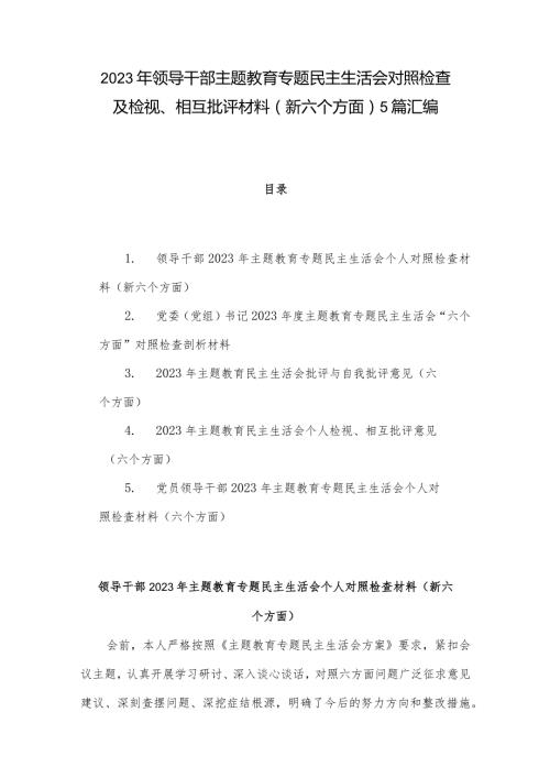 2023年领导干部主题教育专题民主生活会对照检查及检视、相互批评材料（新六个方面）5篇汇编.docx