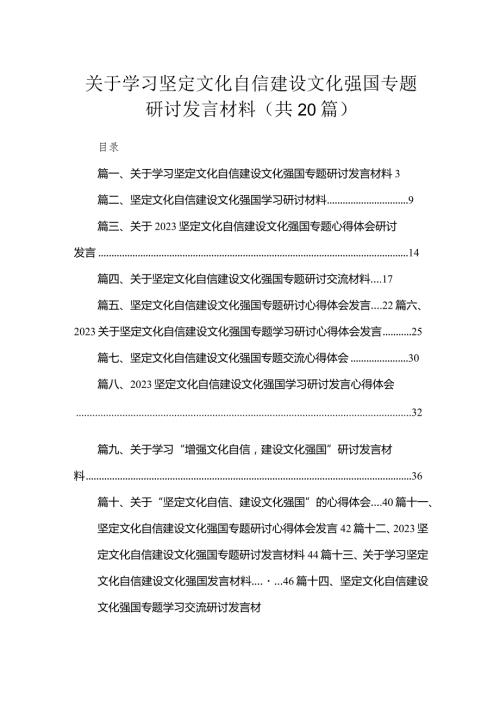 关于学习坚定文化自信建设文化强国专题研讨发言材料（共20篇）(1).docx