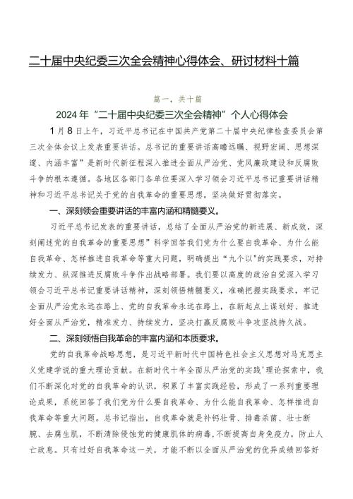 二十中央纪委三次全会精神心得体会、研讨材料十篇.docx