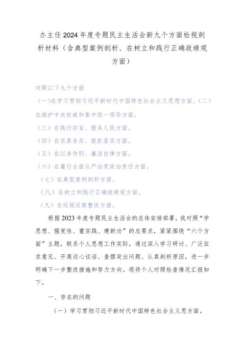 办主任2024专题民主生活会新九个方面检视剖析材料(含典型案例剖析、在树立和践行正确政绩观方面).docx