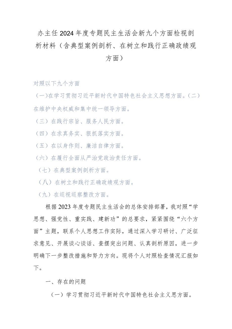 办主任2024专题民主生活会新九个方面检视剖析材料(含典型案例剖析、在树立和践行正确政绩观方面).docx_第1页