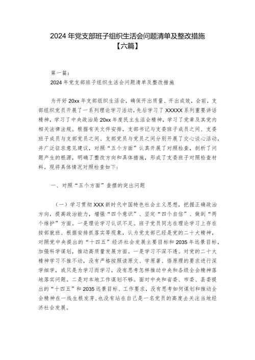 2024年党支部班子组织生活会问题清单及整改措施【六篇】.docx