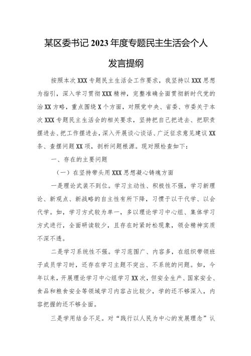 某区委书记2023专题民主生活会个人发言提纲.docx