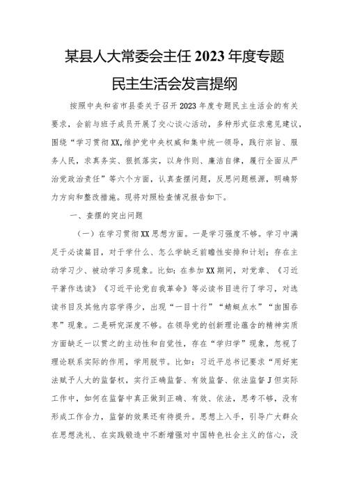 某县人大常委会主任2023专题民主生活会发言提纲.docx