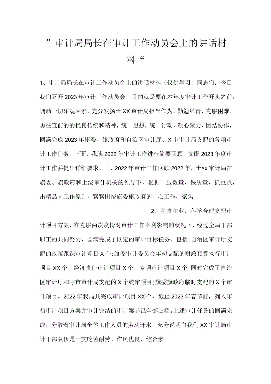 审计局局长在审计工作动员会上的讲话材料.docx_第1页