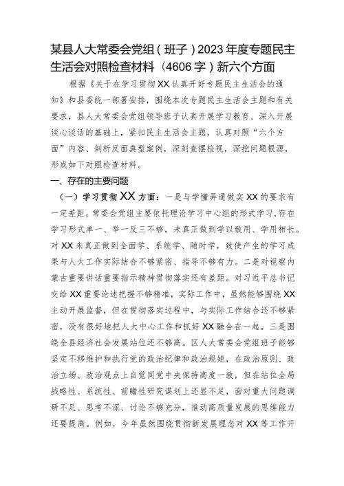 （人大班子）2023年主题教育民主生活会对照检查材料（践行宗旨等6个方面）.docx