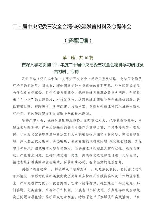 二十中央纪委三次全会精神交流发言材料及心得体会（多篇汇编）.docx