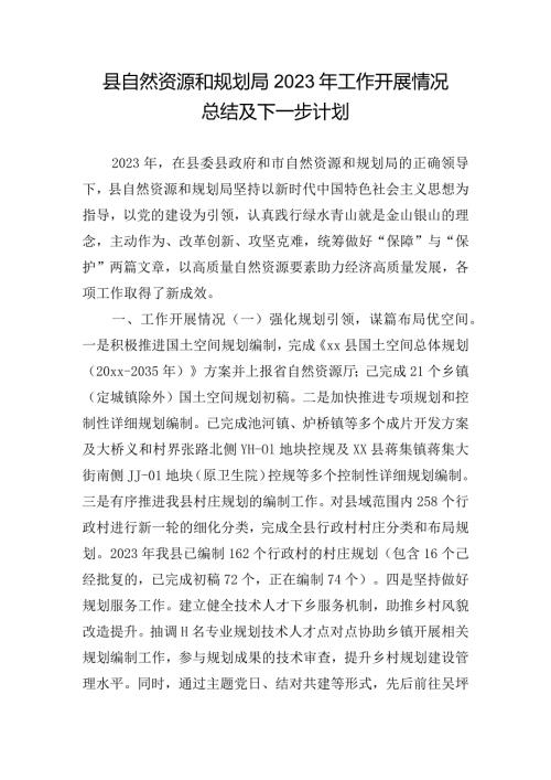 县自然资源和规划局2023年工作开展情况总结及下一步计划.docx