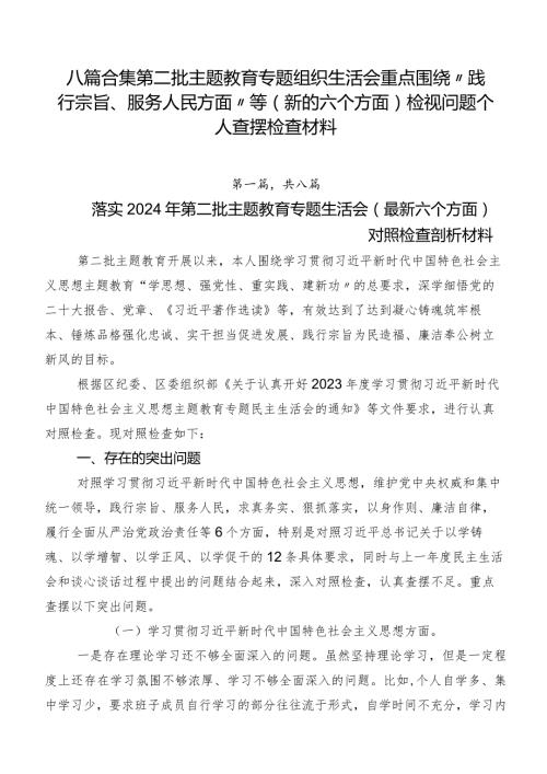 八篇合集第二批集中教育专题组织生活会重点围绕“践行宗旨、服务人民方面”等(新的六个方面)检视问题个人查摆检查材料.docx