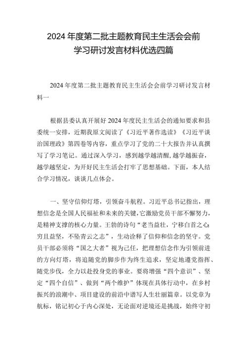 2024第二批主题教育民主生活会会前学习研讨发言材料优选四篇.docx