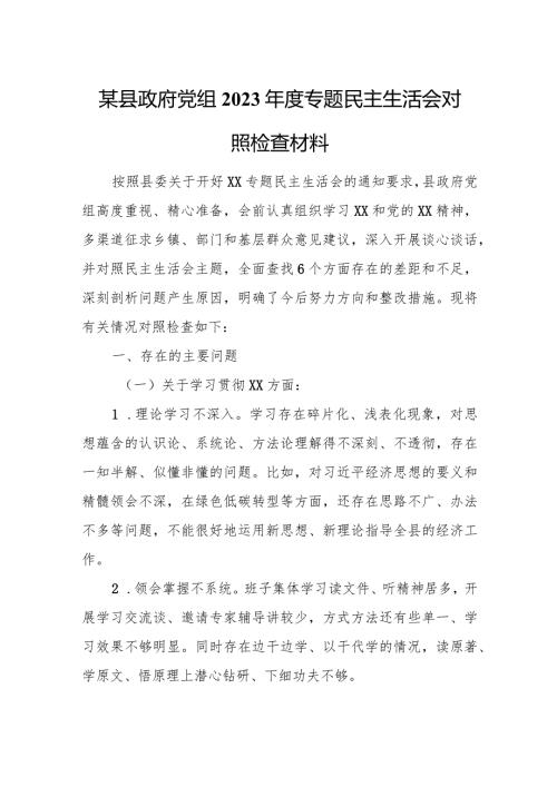 某县政府党组2023专题民主生活会对照检查材料.docx