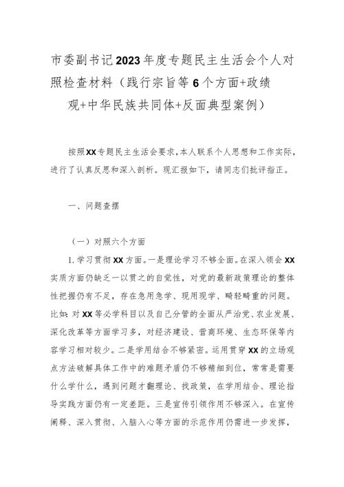 市委副书记2023专题民主生活会个人对照检查材料（践行宗旨等6个方面+政绩观+中华民族共同体+反面典型案例）.docx
