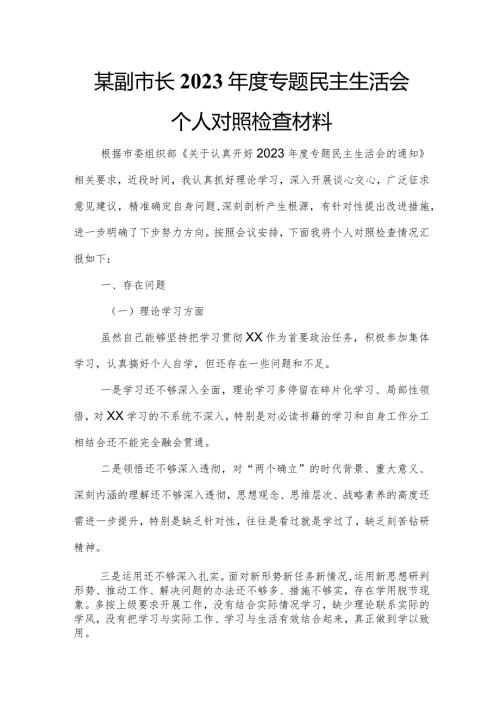 某副市长2023专题民主生活会个人对照检查材料.docx