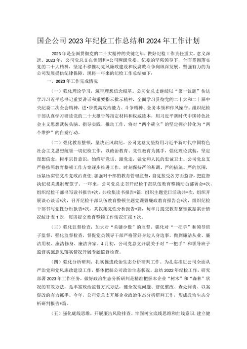 国企公司2023年纪检工作总结和2024年工作计划.docx